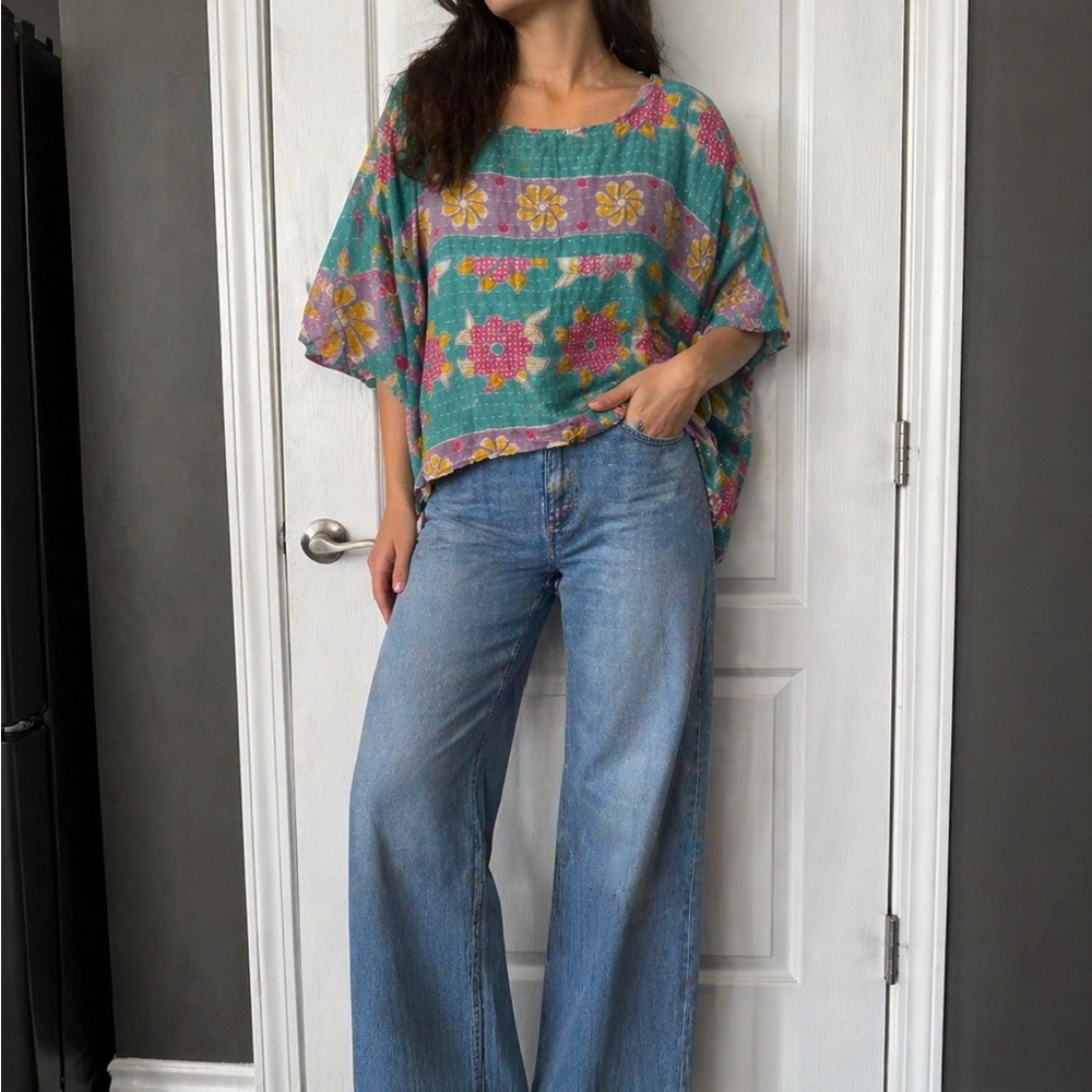 Bohemian Floral Boxy Top in Teal and Pink